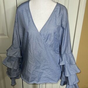 Blue pinstripe top with bell sleeves